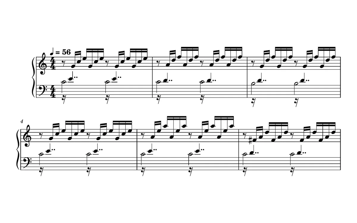 Two systems of a piano score transcribed from a recording of Bach's Prelude in C major, BWV 846.